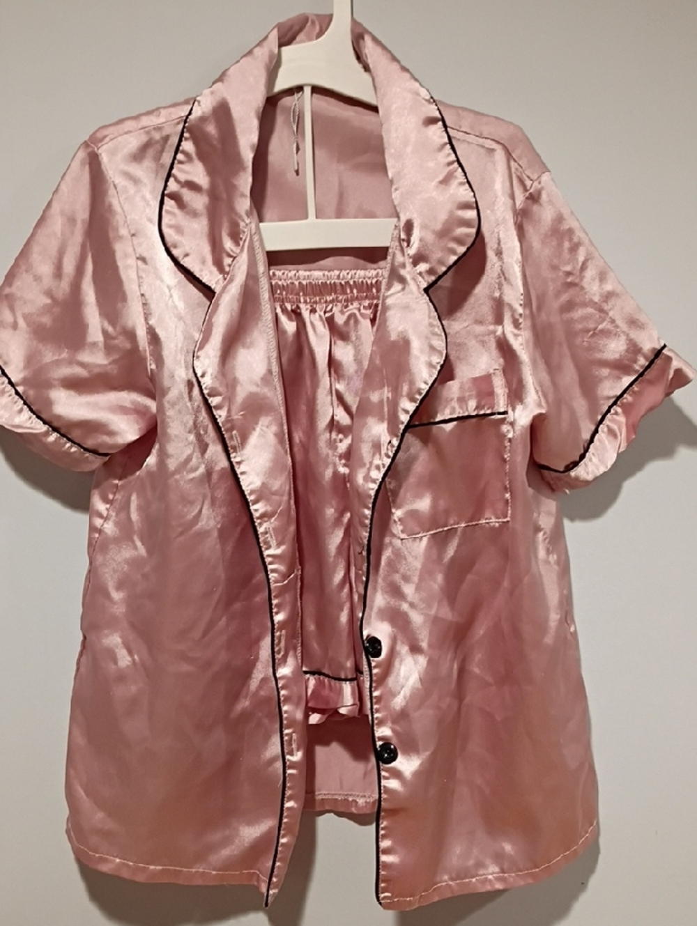 Pink Satin Pajama Top with Black Piping